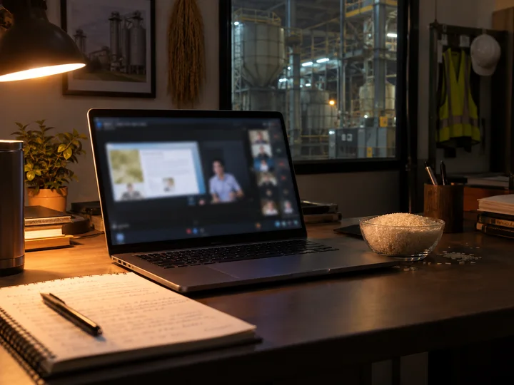 Notebook em uma mesa de escritório à noite exibindo uma aula ao vivo, com a linha de beneficiamento da indústria vista pela janela