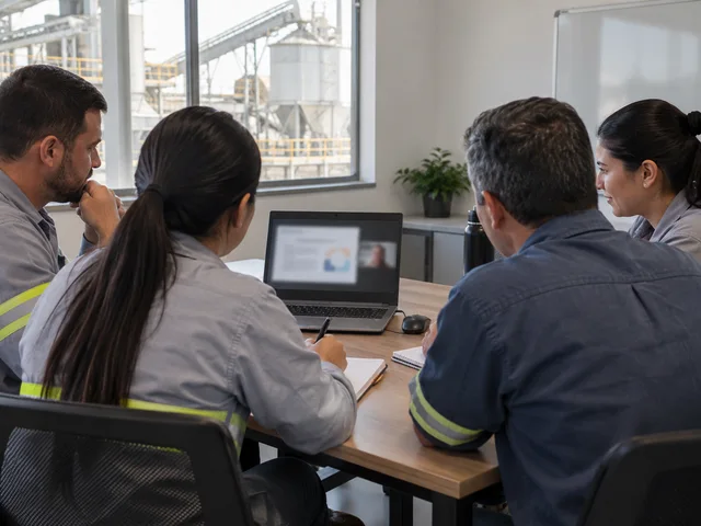 Equipe de uma indústria de arroz reunida em sala de reunião, acompanhando uma aula online no notebook, com os silos da planta vistos pela janela