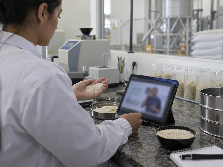 Analista de qualidade no laboratório de uma indústria de arroz revendo a aula gravada em um tablet, com uma amostra de grãos na mão