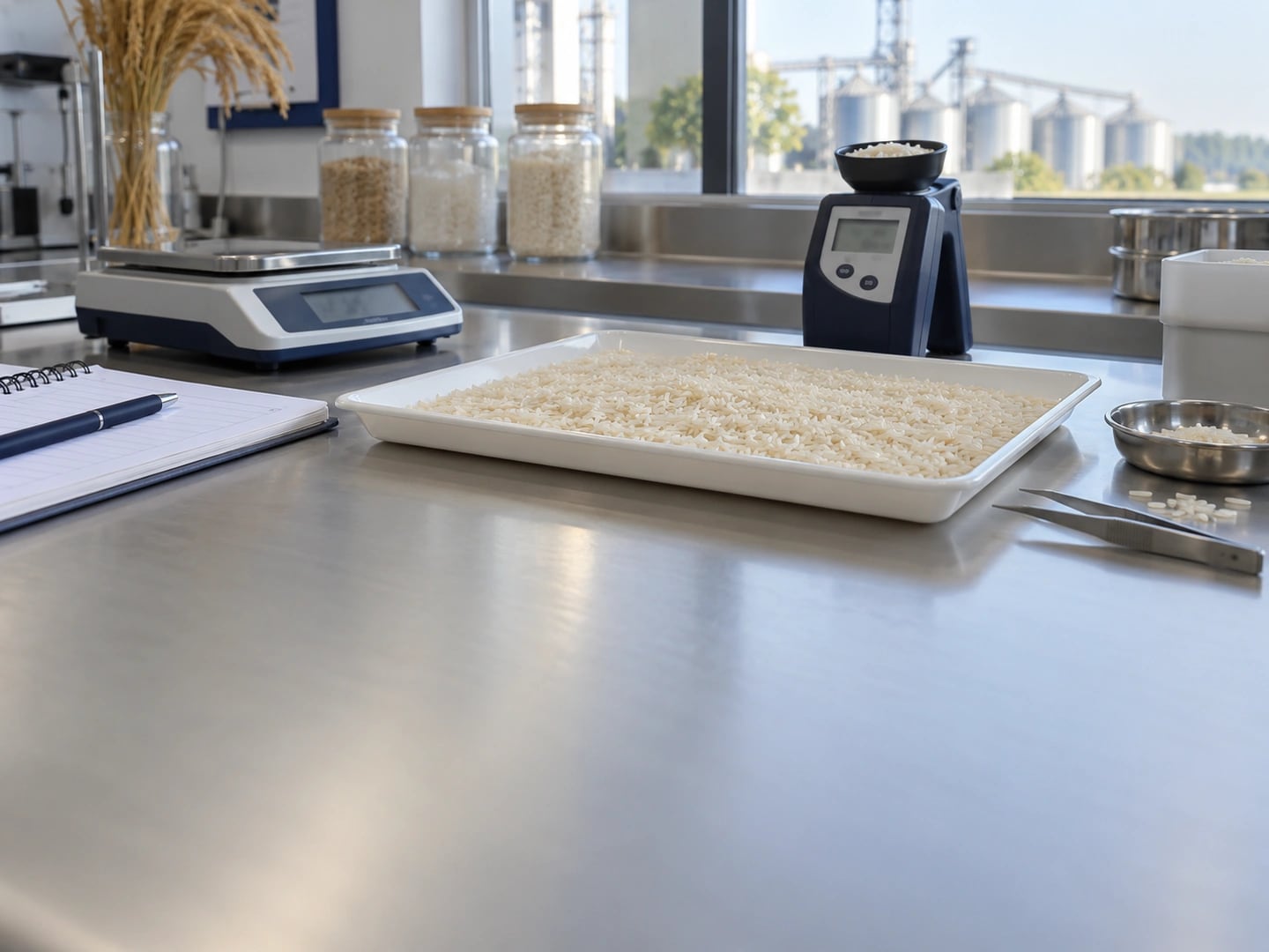Bancada de controle de qualidade de arroz com bandeja de amostra, balança e medidor de umidade, e os silos da indústria vistos pela janela